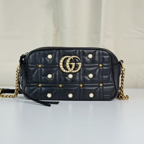 Gucci Black Leather Marmont Shoulder Bag Crossbody with Pearl Embellished - Picture 1 of 9